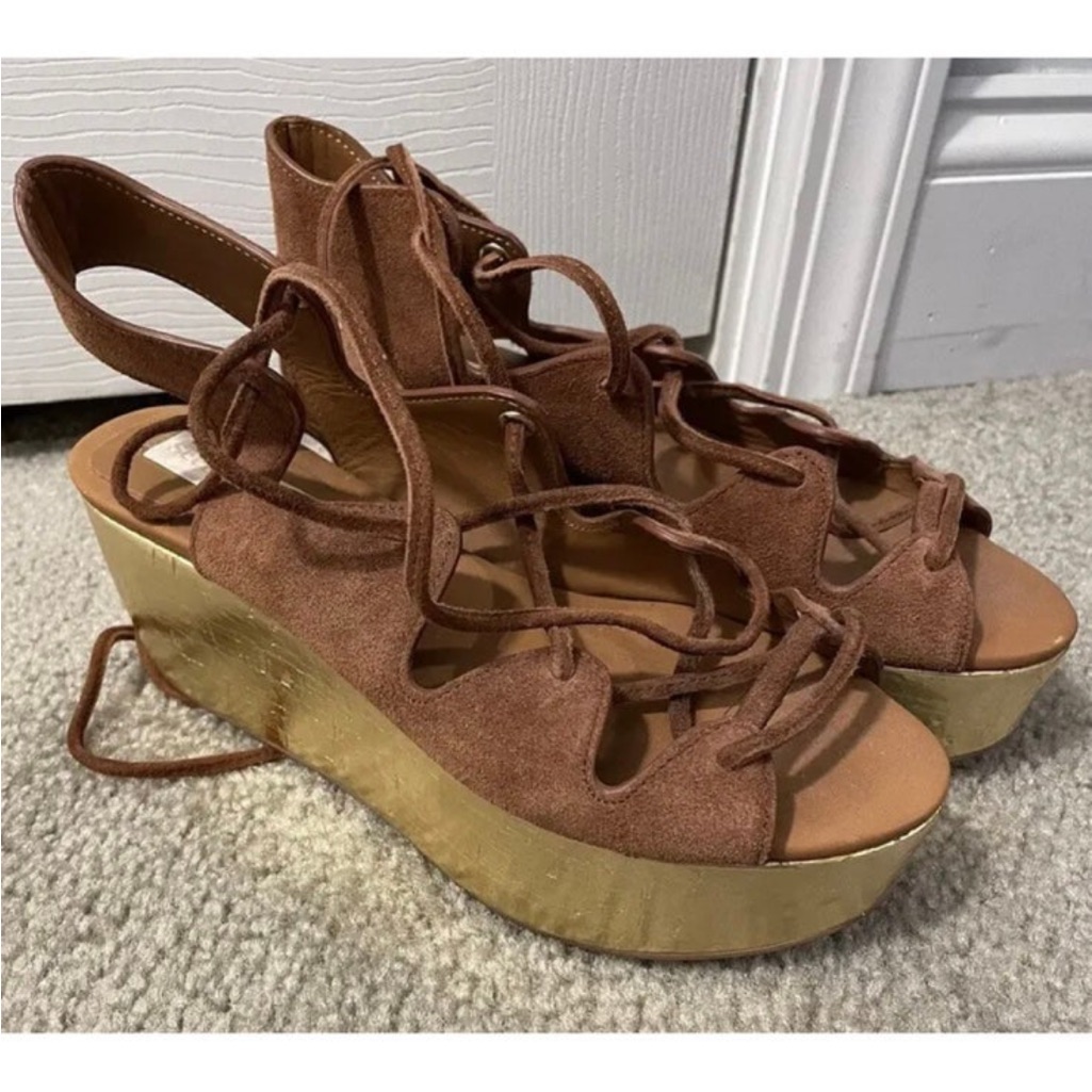 See By Chloe Liana Sandals - Tan /Brown Suede Wedge Sandals With Gold Platform